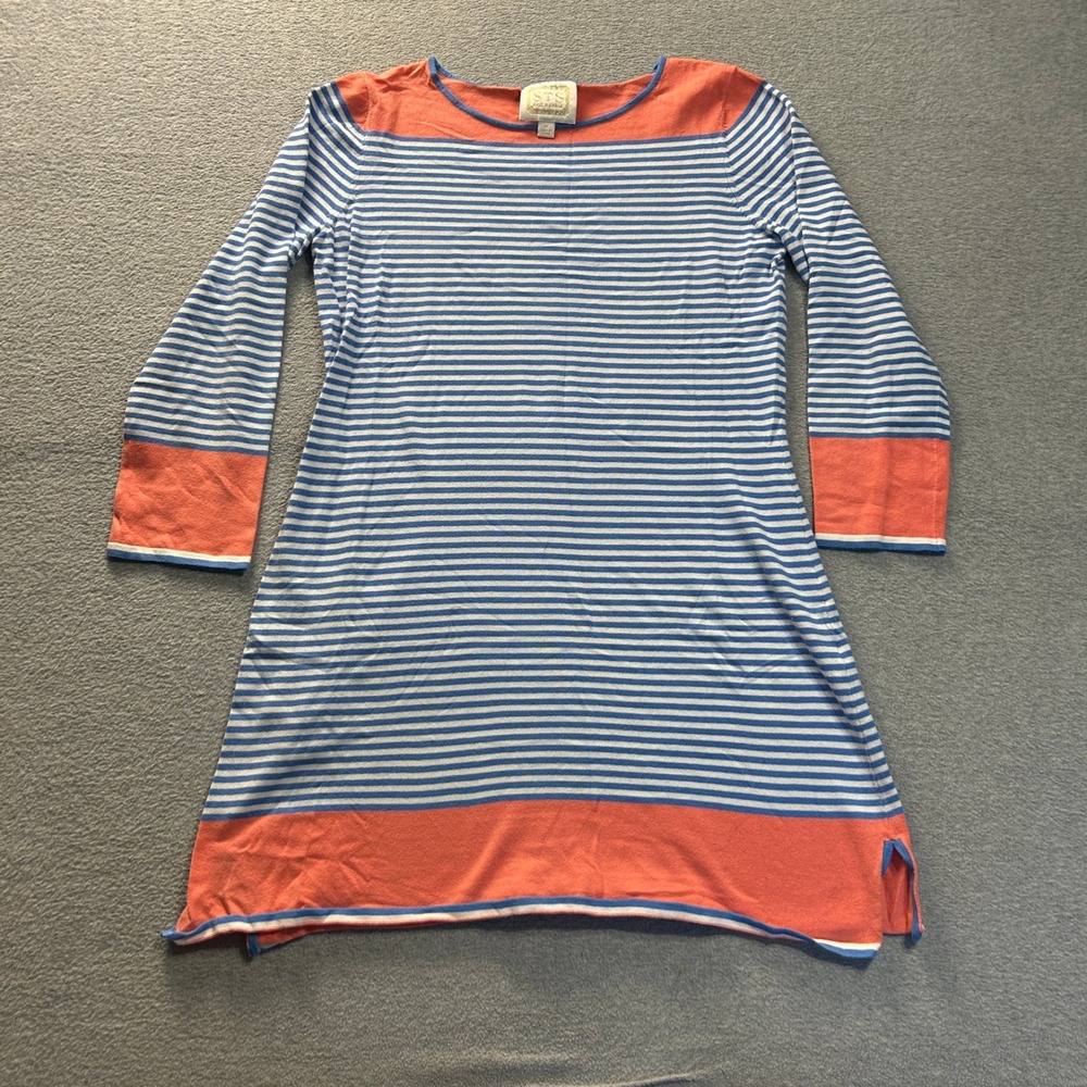 Sail to Sable STS Knit Shift Dress Womens M Blue Stripe Coral Trim 3/4 Sleeves